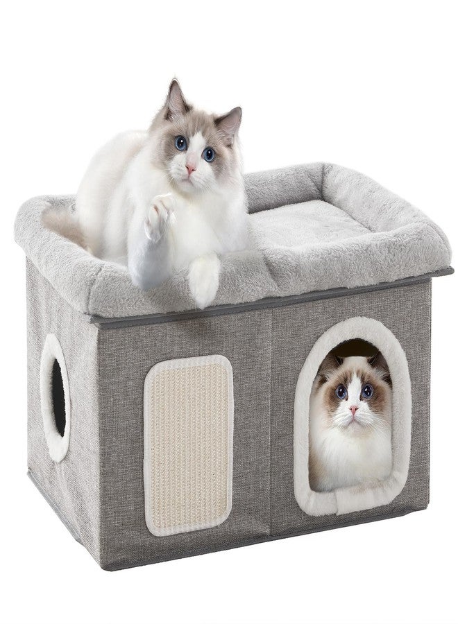 WINDRACING Cat Beds for Indoor Cats - Extra Wide Cat House for Pet and Foldable Cat Cave Bed with Scratch Pad, Cat Hideaway Condo for Kitten, 24.4x16.9x14.2 inches, Light Grey - Image 1